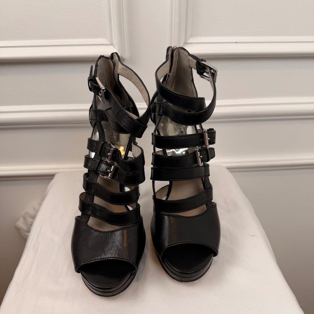 Michael Kors Black Leather Gladiator Buckle Platform Heels Sandals Womens 9M